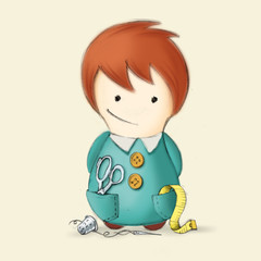 Happy little girl making tailor. Funny cartoon character. Illustration.