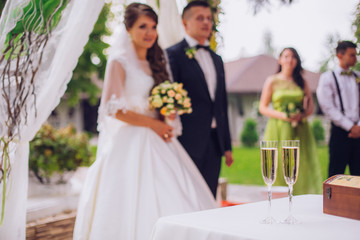 bride and groom outdoors. wedding ceremony