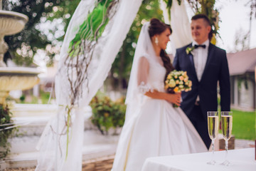 Newlyweds under ceremony arch in beautiful spring day. Wedding ceremony in rustic style near restaurant.