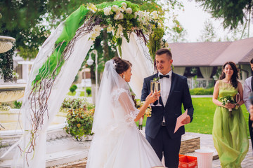 bride and groom outdoors. wedding ceremony