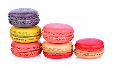 Sweet and colourful french macaroons or macaron on white background