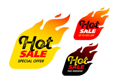 Hot Sale labels, stickers. This weekend special offer, big sale, discount up to 50% off
