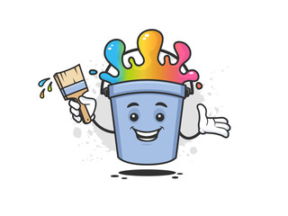 Paint bucket mascot happy smiling and holding paintbrush vector illustration © Zoran Milic