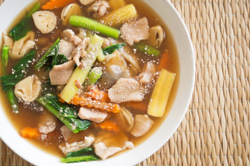 Fried wide rice noodle with pork and gravy sauce. Asian food. Healthy and tasty menu. Top view.
