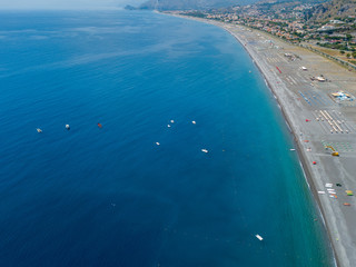 Vista aerea della spiaggia di Praia a Mare, Provincia di Cosenza, Calabria, Italia. 26/06/2017. Vista aerea degli stabilimenti balneari, vacanze e mare