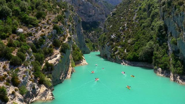 Gorges du Verdon and lake of Sainte-Croix in Provence, France. Panning shot.