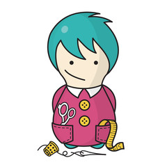 Happy little girl making tailor. Funny cartoon character. Vector Illustration. 