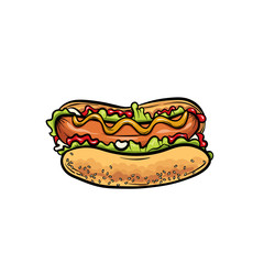Beautiful realistic hot dog. Vector illustration for a logo, menu or corporate identity design of a cafe or restaurant. Fast food.