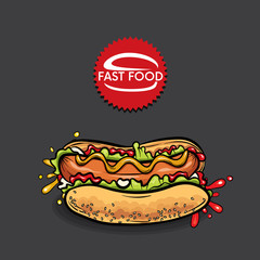 Beautiful realistic hot dog. Vector illustration for a logo, menu or corporate identity design of a cafe or restaurant. Fast food.