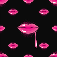 Stylish background from bright lips in lipstick or glitter. Multicolored female lips. Vector illustration for use in printing or print on fabric and clothing. Fashion and Style.