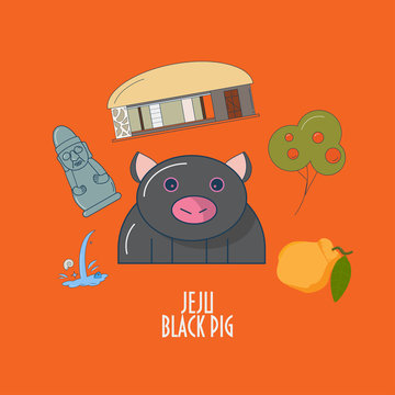 Vector Illustration for Jeju-do island promotion: Jeju Black pig, Harubang or stone grandfather statue, traditional house, hallabong orange fruit. Great as illustration for children, menu element.