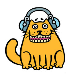 Cheerful orange cat in headphones слушает музыку. Vector illustration.
