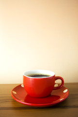 cup red coffee hot on wood texture table background