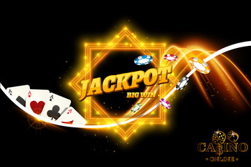 Vector design casino banner. Black background with dice, casino chips, playing cards for poker, blackjack