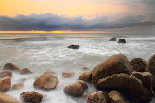 Beach and sunset,Soft focus because of slow shutter speed