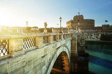 Sant Angelo Castle and Bridge in sunset time, Rome, Italia