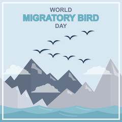 World Migratory Bird Day, May. Birds flying across mountains and sea conceptual illustration vector.
