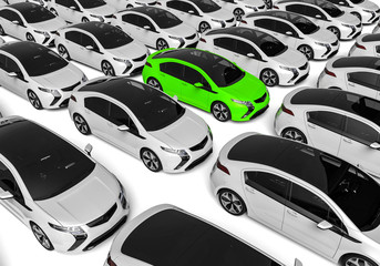 Unique car  / 3D render image representing a fleet of cars with a gree one in the middle 