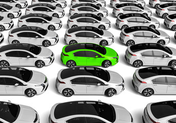 Unique car  / 3D render image representing a fleet of cars with a gree one in the middle 