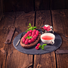 Delicious raspberry chocolate tart with ricotta cheese