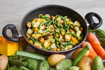 Homemade nutritional vegetable ragout in pan. Home cooked indian vegetable stew, sabji. For gourmet. Vegan and vegetarian food. Selective focus.