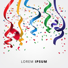 Celebration background with colorful confetti and party ribbons. Happy New Year. Vector illustration.