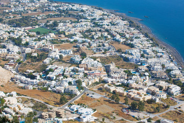 Fototapeta premium Aerial view town Perissa to Kamari in Santorini Greece
