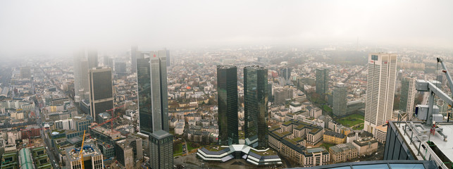 Fototapeta na wymiar Frankfurt, Germany financial district aerial view.- April 2016