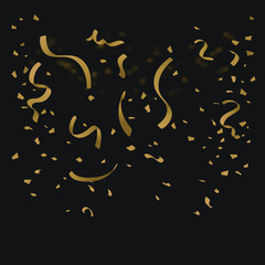 Golden confetti isolated on black background. Vector Illustration.