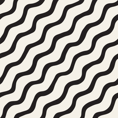 Seamless pattern with hand drawn waves. Abstract background with wavy brush strokes. Black and white freehand lines texture.