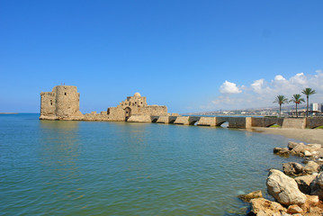 Fototapeta na wymiar Sidon's Sea Castle built by the crusaders in the port city of Sidon, Lebanon. 
