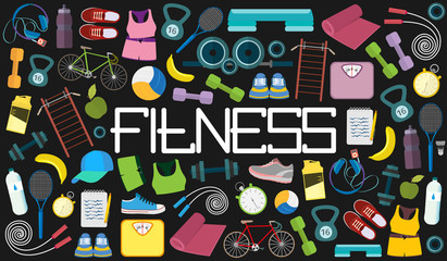 Sports equipment and diet - vector icon set