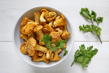 Freshly harvested chanterelle mushrooms with parsley in a bowl on white wooden background