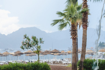 Fototapeta premium Tropical rain. Rain on the beach in the background of the mountains. Palms on the beach when the rain falls.