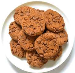Cookies with chocolate on a white plate. Isolated background
