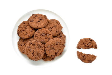 Cookies with chocolate on a white plate. Broken cookies. Isolated