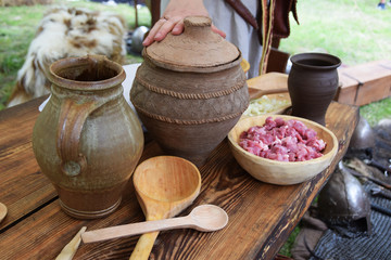 Clay pots and wooden bowls