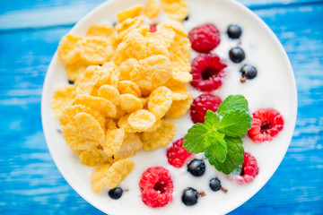 tasty breakfast with cereals and yoghurt raspberry