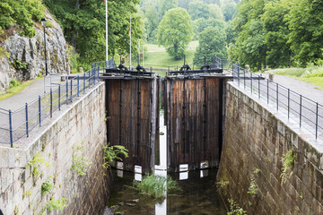 A view at the lock area at the canal Göta kanal in Trollhättan Sweden - obrazy, fototapety, plakaty