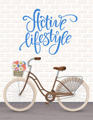 Retro bycicle with basket of flowers. Healthy lifestyle, fitness.