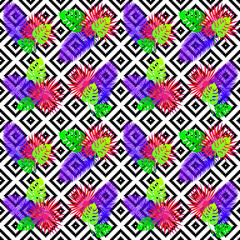 Tropical seamless pattern with exotic vivid leaves on black and white tribal rhombus background. Monstera, palm, banana leaves. Exotic textile botanical design. Summer jungle design. Hawaiian style.