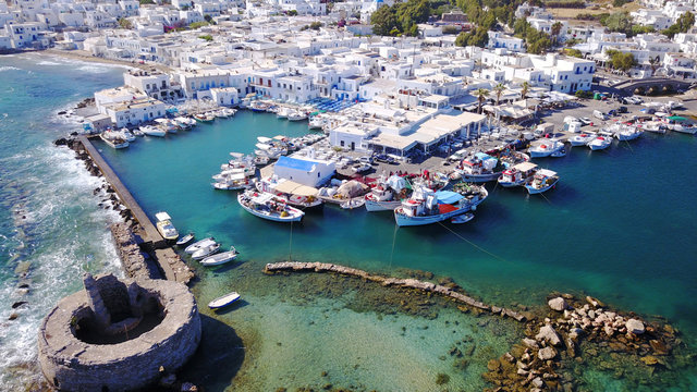 Aerial drone photo of Naousa one of the most picturesque fishing villages and ports in the Aegean, Paros island, Cyclades, Greece