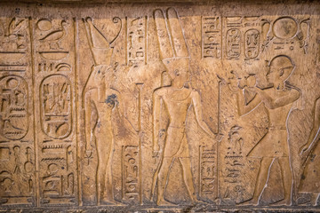 Drawings and paintings on the walls of the ancient Egyptian temple