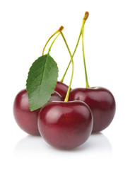 Ripe cherries fruits with green leaves isolated on white