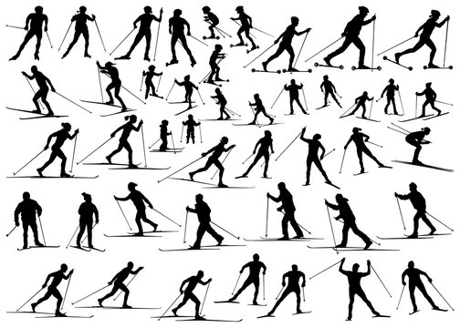 Cross country ski and roller ski men women senior children vector silhouettes collection