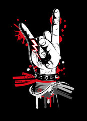 Handzeichen auf einem Metal- und Rock Festival.
Am Handgelenk sind verschiedene Festivalb&auml;ndchen.
Metal- und Rock-Handzeichen im Graffiti und Grunge Stil.