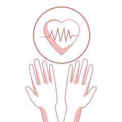 white background with red color sections of silhouette hands holding a floating heartbeat in circular frame