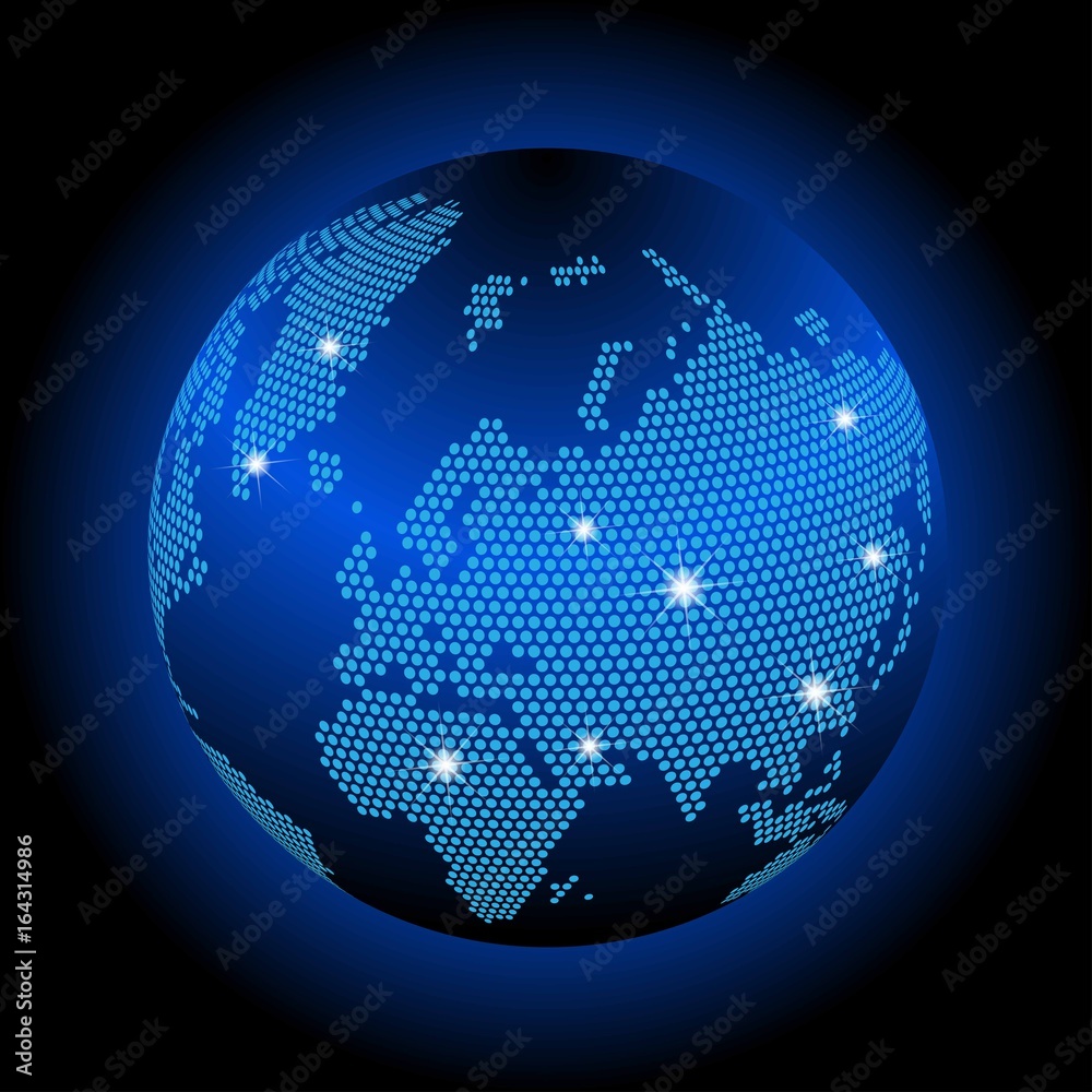 Poster World map with dotted style and glowing points star. Gradients used. Abstract blue global technology background.