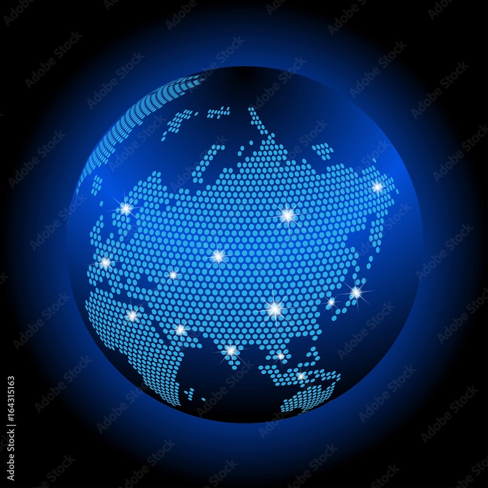 Poster World map with dotted style and glowing points star. Gradients used. Abstract blue global technology background.