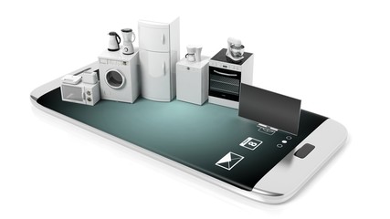 Home appliances on a smartphone - white background. 3d illustration